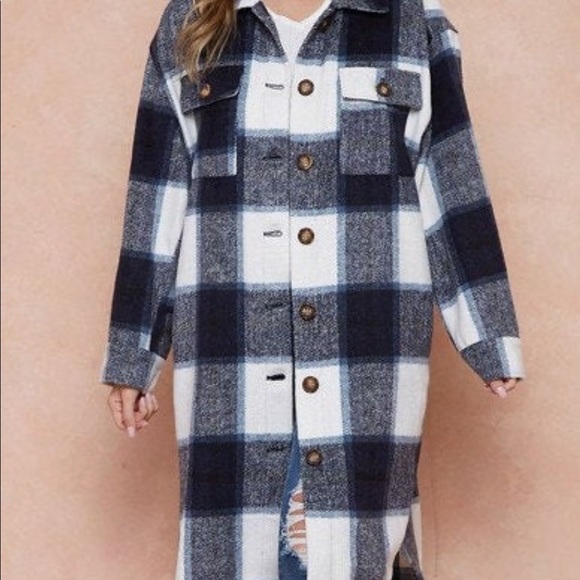 NWT Full Length Cozy Shacket in blue/white/black S - Picture 2 of 9